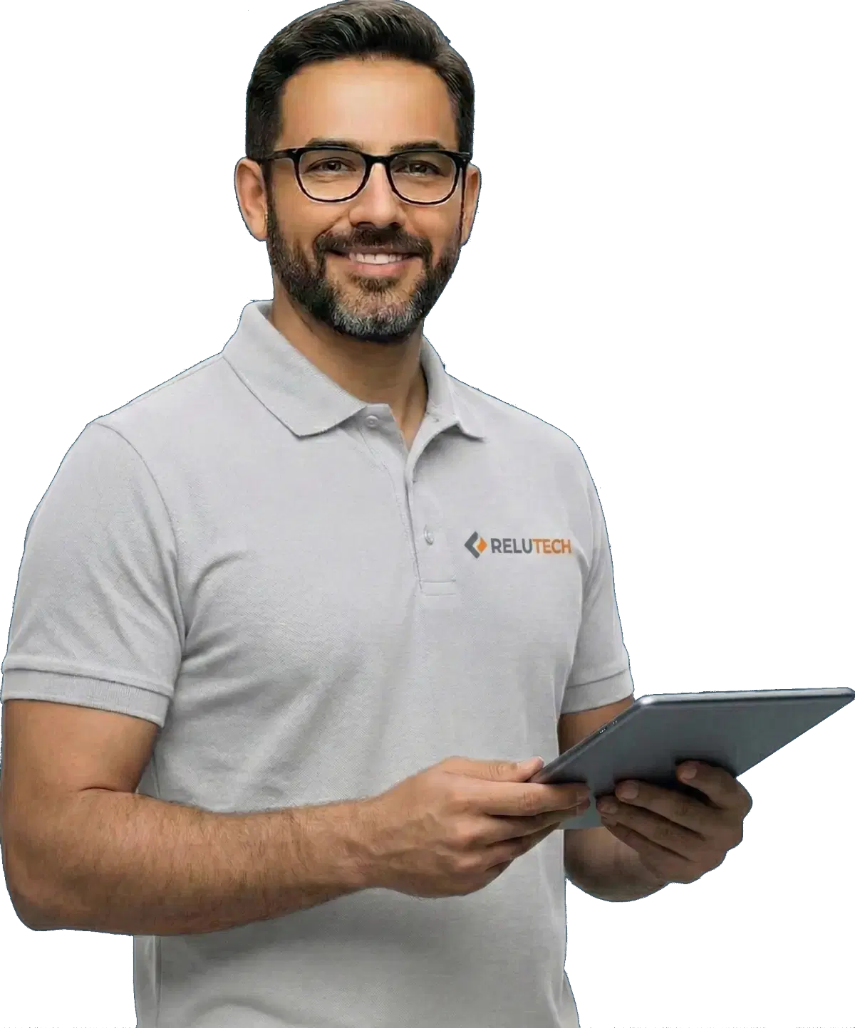 Cloud Migration Expert with Tablet and ReluTech logo shirt