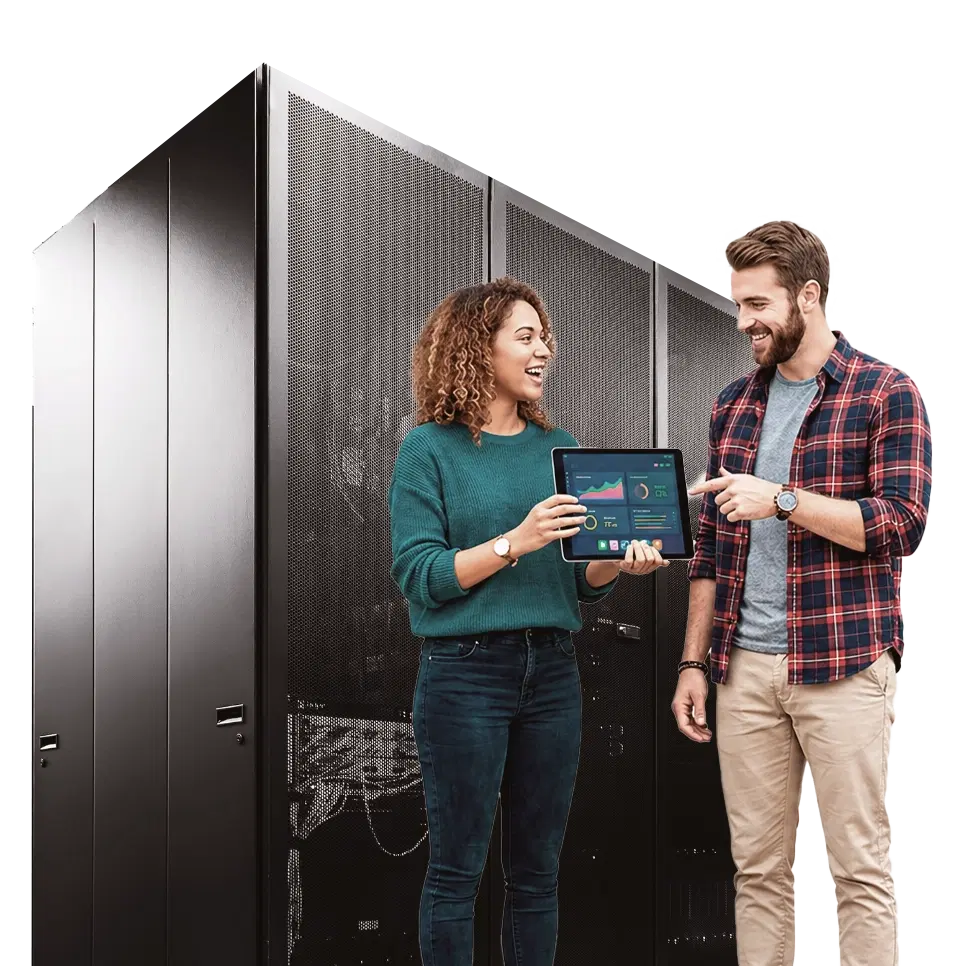 IT engineers reviewing infrastructure dashboard in a data center IT engineers reviewing infrastructure dashboard in a data center