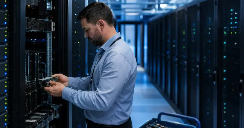 IT engineer servicing an open server rack in a data center with a hard drive in hand IT engineer servicing an open server rack in a data center with a hard drive in hand